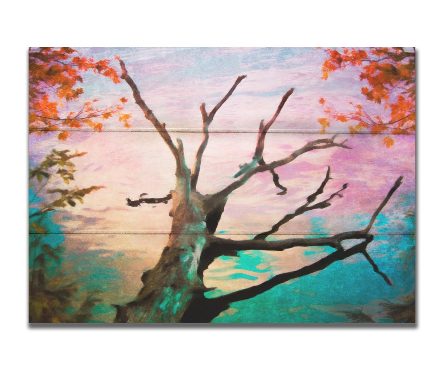 A photo of a log sitting at the edge of the water. It is edited to have a paintlike look and weathering texture. Printed on a box board.