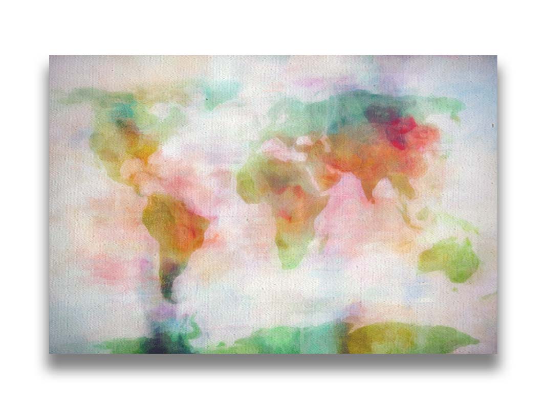 A graphic of the world map, digitally edited in a watercolor-like style in red, yellow, and green on white. Printed on canvas.