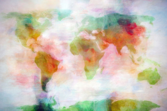 A graphic of the world map, digitally edited in a watercolor-like style in red, yellow, and green on white.