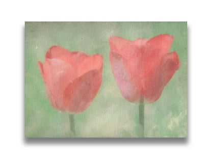 A photo of two red tulips against a green background, edited with dusty worn overlays. Printed on canvas.