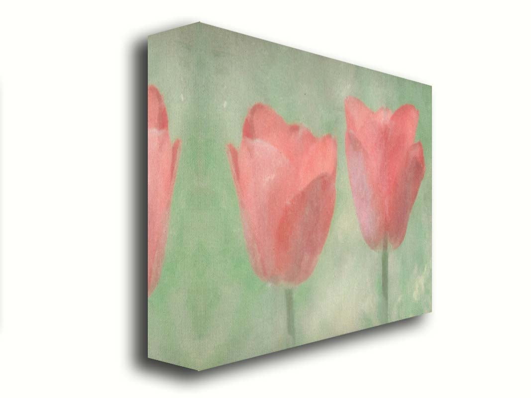 A photo of two red tulips against a green background, edited with dusty worn overlays. Printed on canvas.