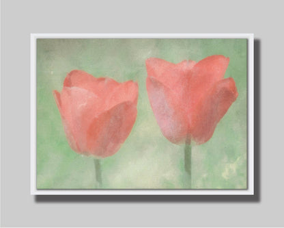 A photo of two red tulips against a green background, edited with dusty worn overlays. Printed on canvas in a float frame.