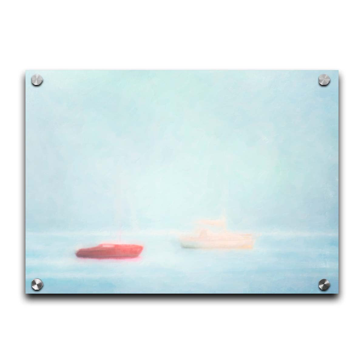 A photo of a small red boat and a small white and yellow boat floating at sea. The photo is edited to have a soft, blurry quality which blends the sky and sea together on the horizon. Printed on acrylic.