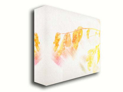 A still life photo of a stem of orange and yellow leaves aglow before a stark white background. Printed on canvas.