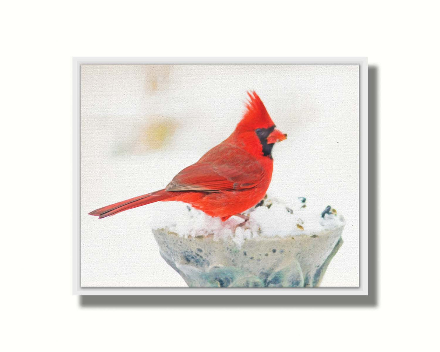 A photograph of a bright red cardinal, perched on a snowy post, eating seeds. Printed on canvas and framed.