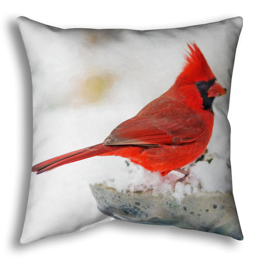 A throw pillow printed with a photograph of a red cardinal against white snow.