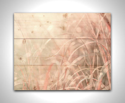 A monochrome red photograph close up on grasses. The shallow depth of field and bright back lighting create sparkling bokeh light effects. Printed on a wood pallet.