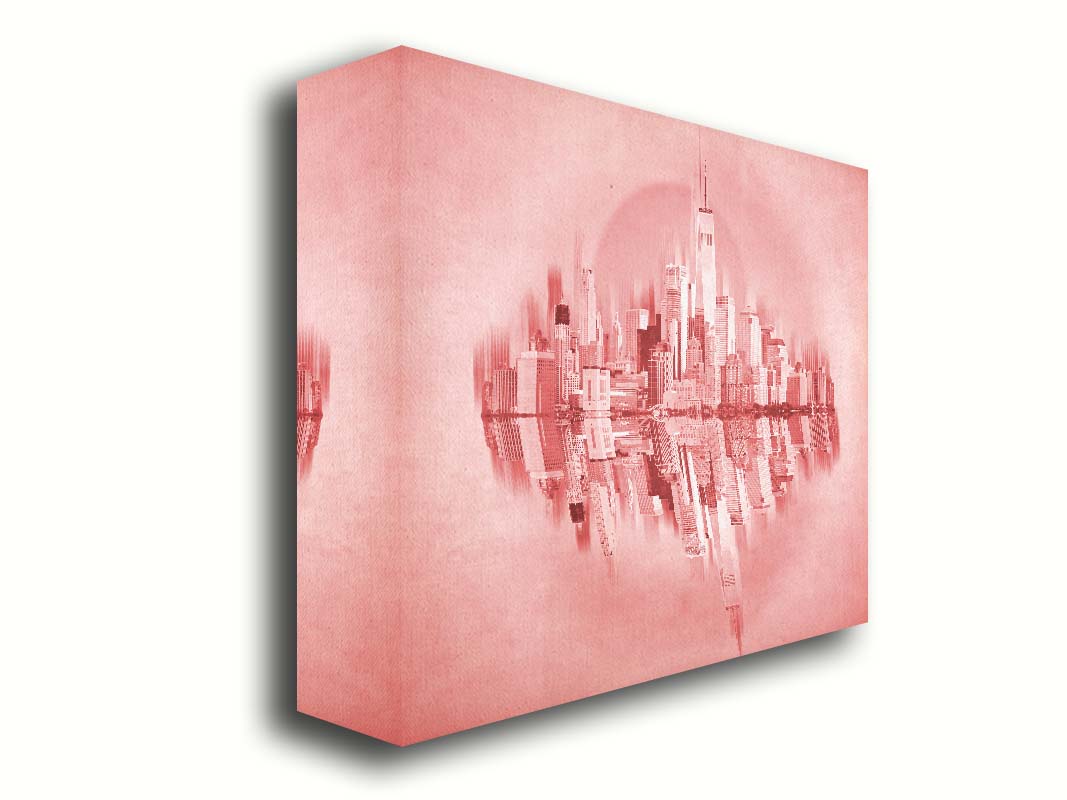 A fine art photo of the New York City skyline and its reflection, in a monochrome red palette. Printed on canvas.