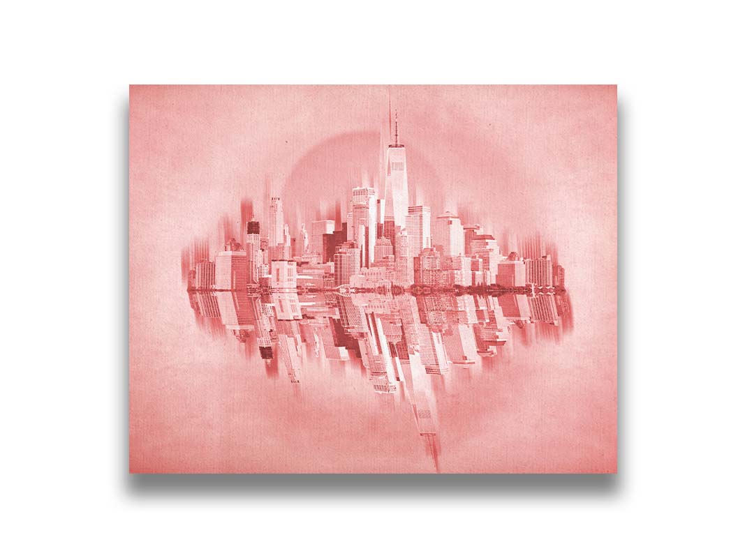 A fine art photo of the New York City skyline and its reflection, in a monochrome red palette. Printed on canvas.