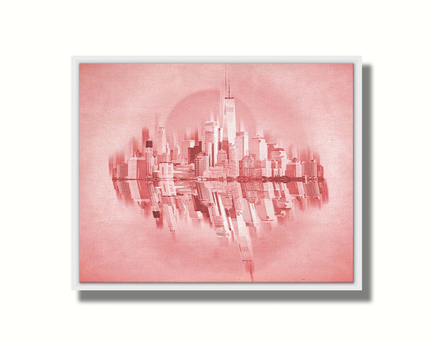 A fine art photo of the New York City skyline and its reflection, in a monochrome red palette. Printed on canvas in a float frame.