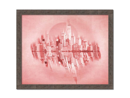 A fine art photo of the New York City skyline and its reflection, in a monochrome red palette. Printed on canvas and framed.