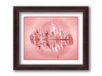 A fine art photo of the New York City skyline and its reflection, in a monochrome red palette. Printed on paper, matted, and framed.