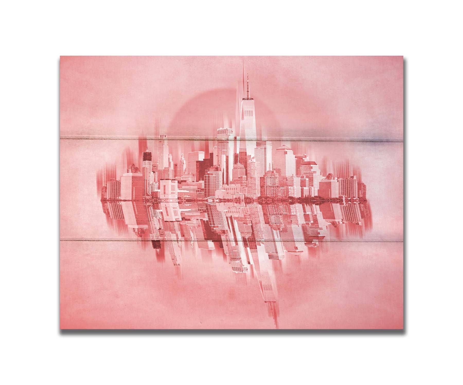 A fine art photo of the New York City skyline and its reflection, in a monochrome red palette. Printed on a box board.