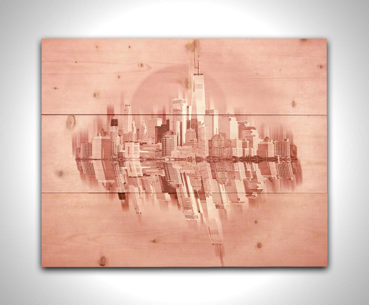 A fine art photo of the New York City skyline and its reflection, in a monochrome red palette. Printed on a wood pallet.