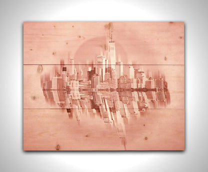 A fine art photo of the New York City skyline and its reflection, in a monochrome red palette. Printed on a wood pallet.