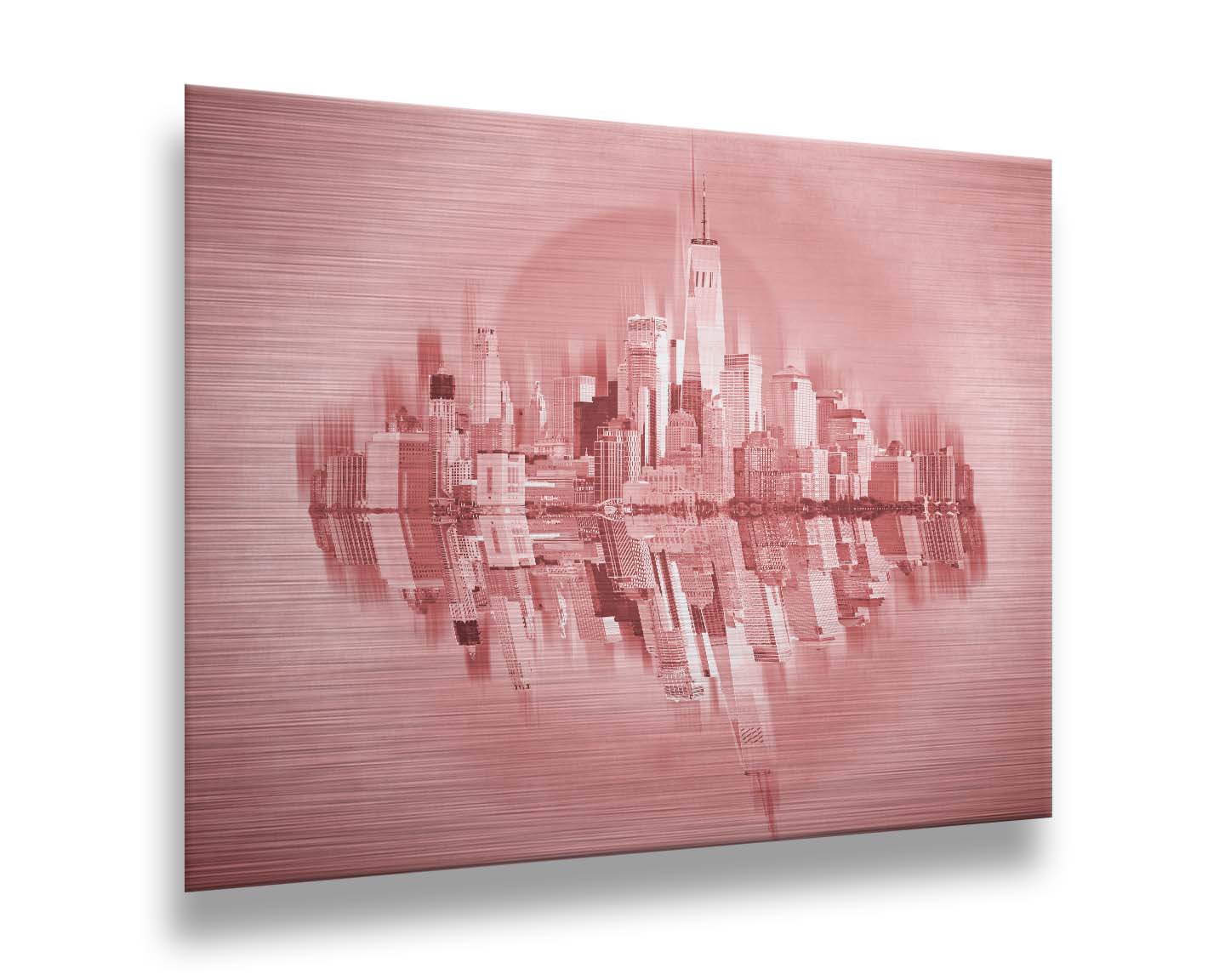 A fine art photo of the New York City skyline and its reflection, in a monochrome red palette. Printed on metal.