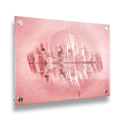 A fine art photo of the New York City skyline and its reflection, in a monochrome red palette. Printed on acrylic.