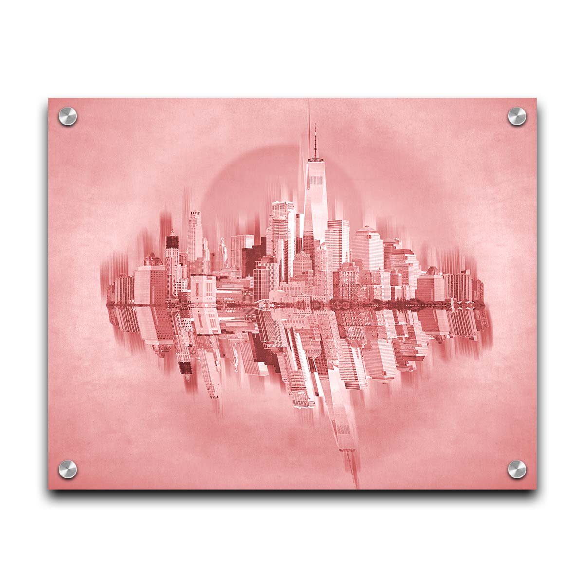 A fine art photo of the New York City skyline and its reflection, in a monochrome red palette. Printed on acrylic.