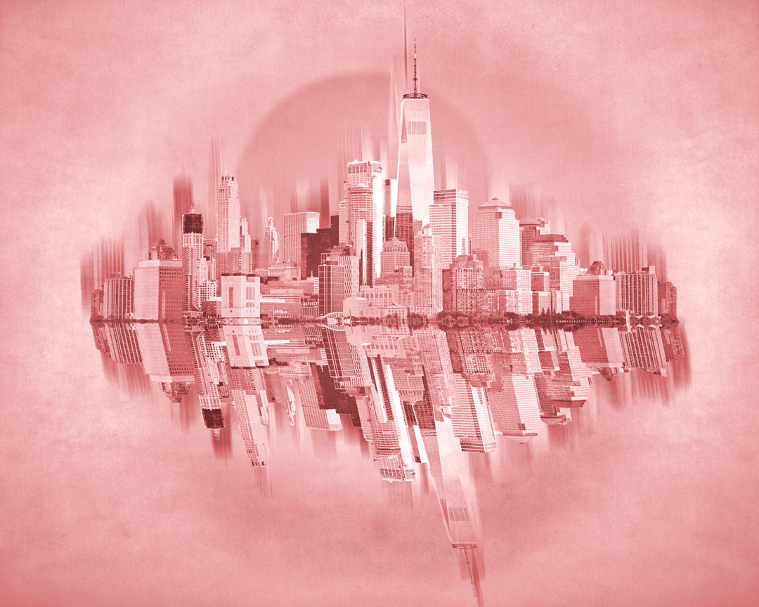 A fine art photo of the New York City skyline and its reflection, in a monochrome red palette.