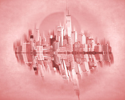 A fine art photo of the New York City skyline and its reflection, in a monochrome red palette.