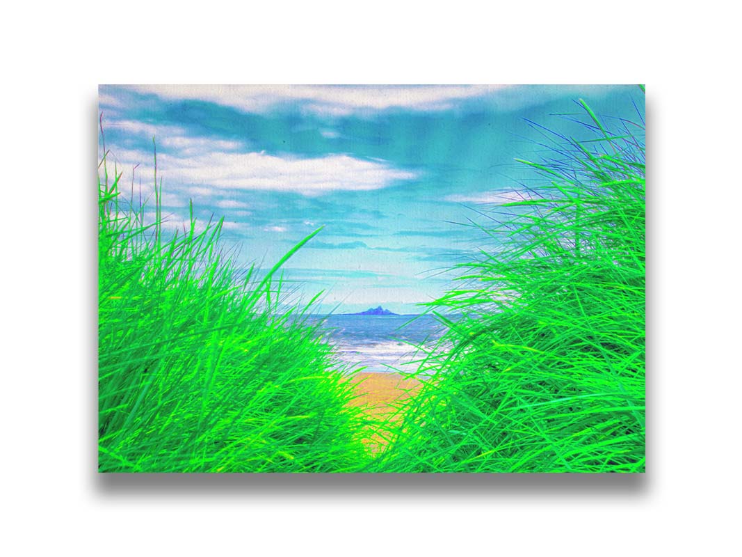 A photograph, edited to increase saturation, looking out at the sea between grassy plants on the beach. A rocky outcropping can be seen in the distance. Printed on canvas.