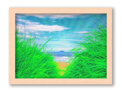 A photograph, edited to increase saturation, looking out at the sea between grassy plants on the beach. A rocky outcropping can be seen in the distance. Printed on canvas and framed.