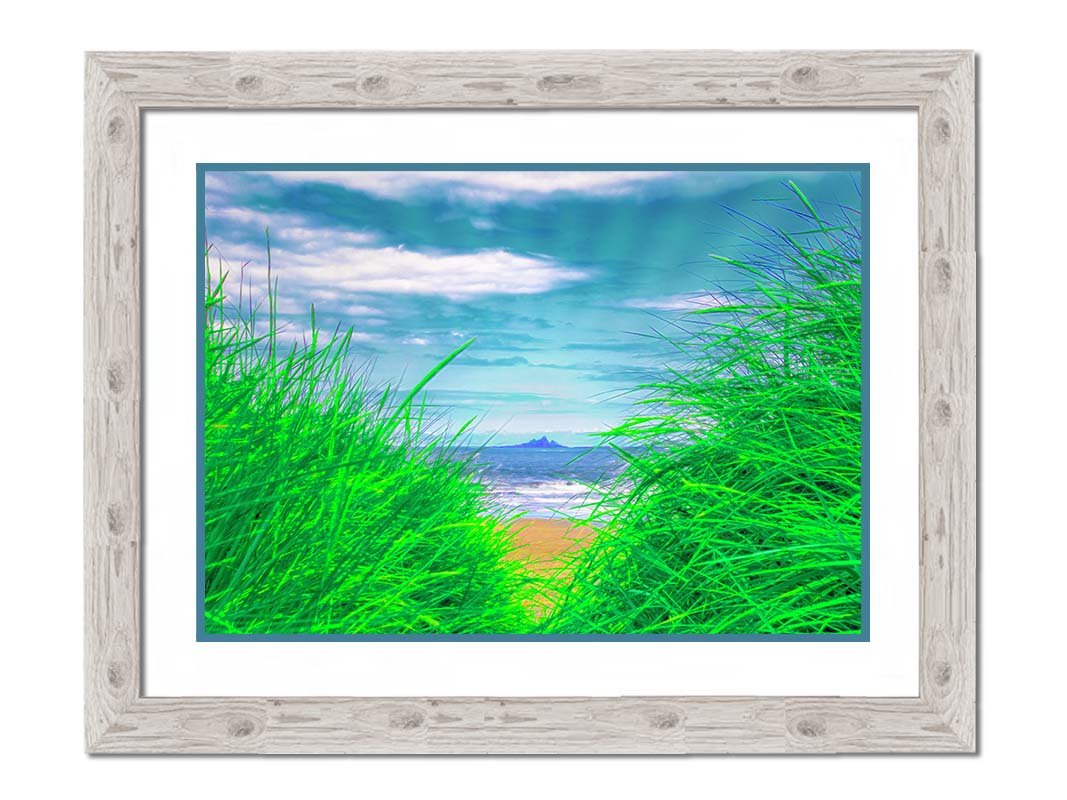 A photograph, edited to increase saturation, looking out at the sea between grassy plants on the beach. A rocky outcropping can be seen in the distance. Printed on paper, matted, and framed.