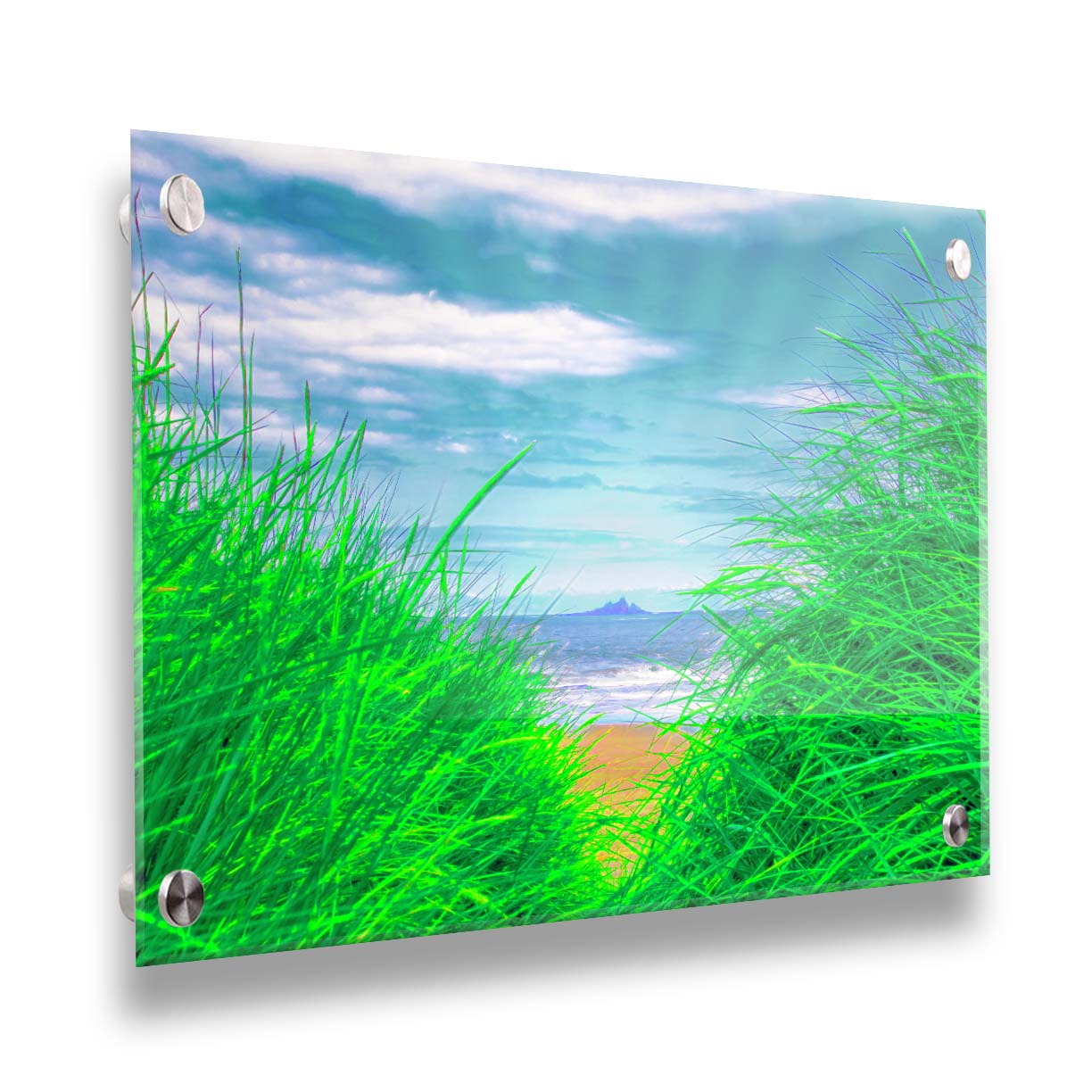 A photograph, edited to increase saturation, looking out at the sea between grassy plants on the beach. A rocky outcropping can be seen in the distance. Printed on acrylic.