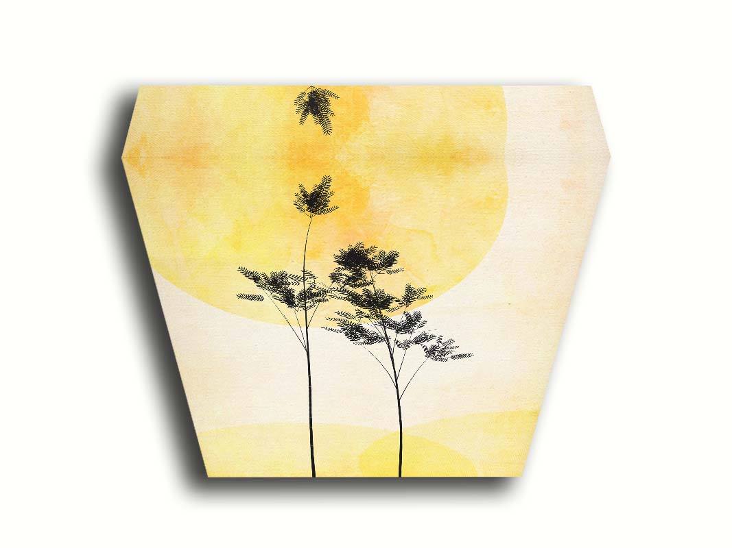 A photo edit of silhouetted palm plants against a yellow bokeh background with a watercolor paper texture. Printed on canvas.