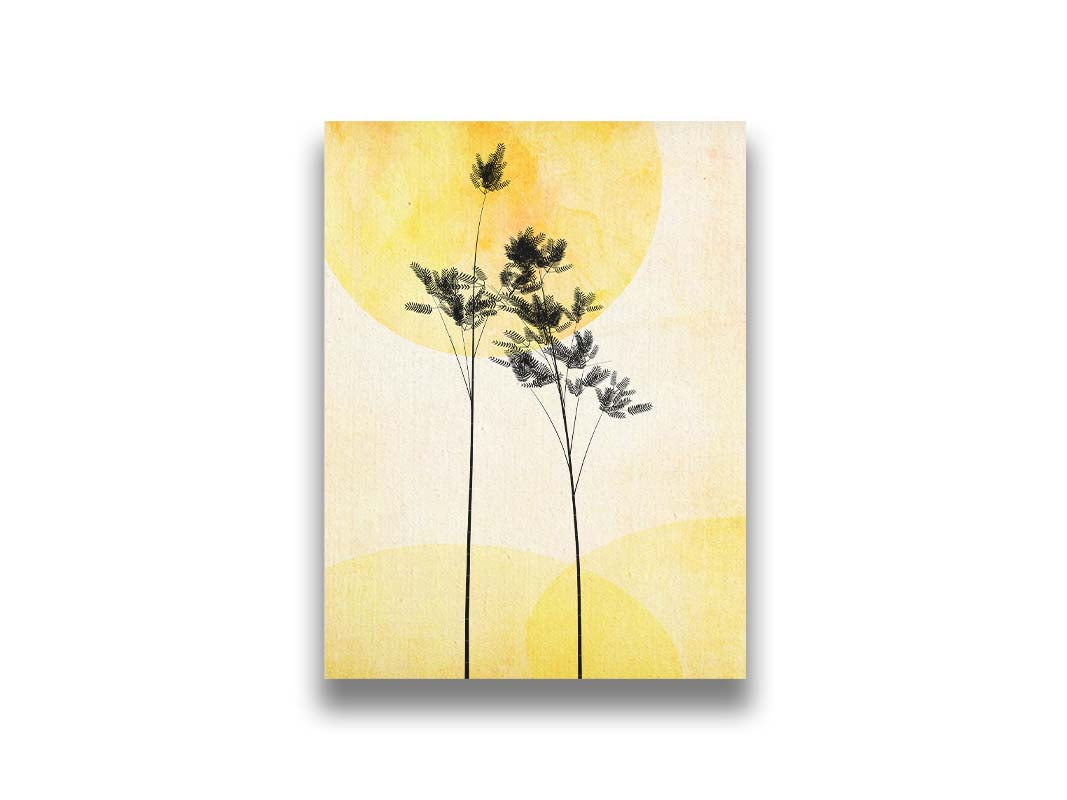 A photo edit of silhouetted palm plants against a yellow bokeh background with a watercolor paper texture. Printed on canvas.