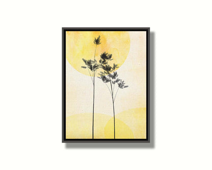 A photo edit of silhouetted palm plants against a yellow bokeh background with a watercolor paper texture. Printed on canvas in a float frame.