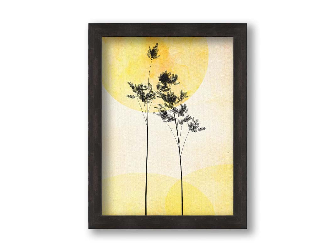 A photo edit of silhouetted palm plants against a yellow bokeh background with a watercolor paper texture. Printed on canvas and framed.