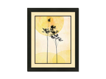 A photo edit of silhouetted palm plants against a yellow bokeh background with a watercolor paper texture. Printed on paper, matted, and framed.