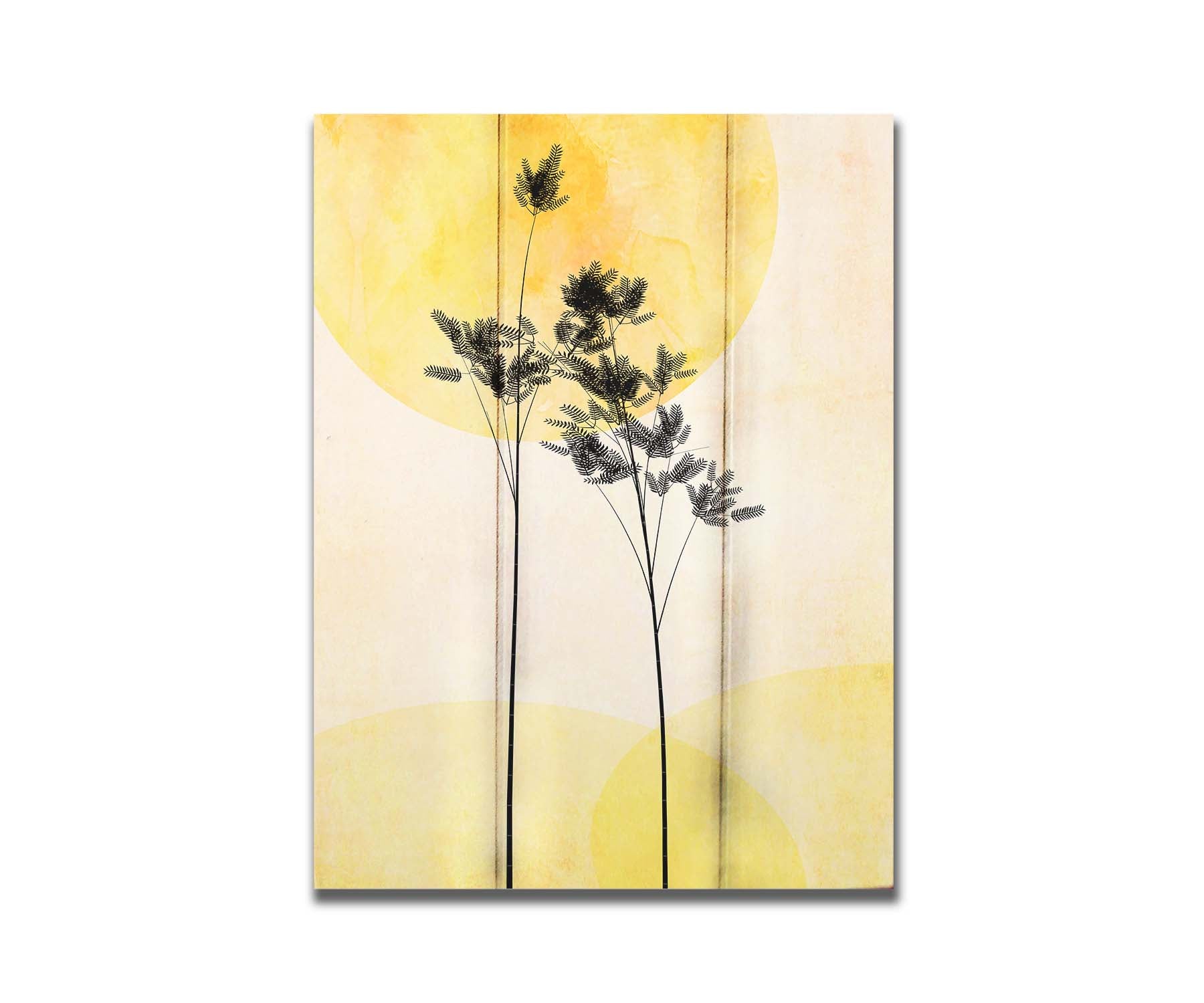 A photo edit of silhouetted palm plants against a yellow bokeh background with a watercolor paper texture. Printed on a box board.