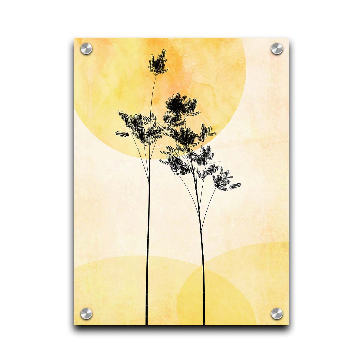 A photo edit of silhouetted palm plants against a yellow bokeh background with a watercolor paper texture. Printed on acrylic.