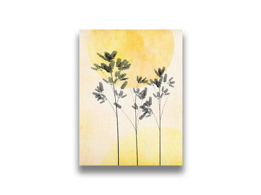 A photo edit of silhouetted palm plants against a yellow bokeh background with a watercolor paper texture. Printed on canvas.