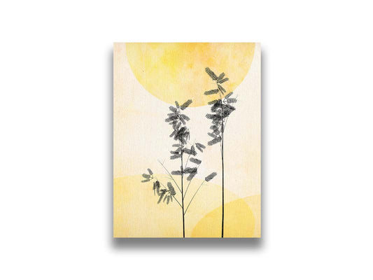 A photo edit of silhouetted palm plants against a yellow bokeh background with a watercolor paper texture. Printed on canvas.