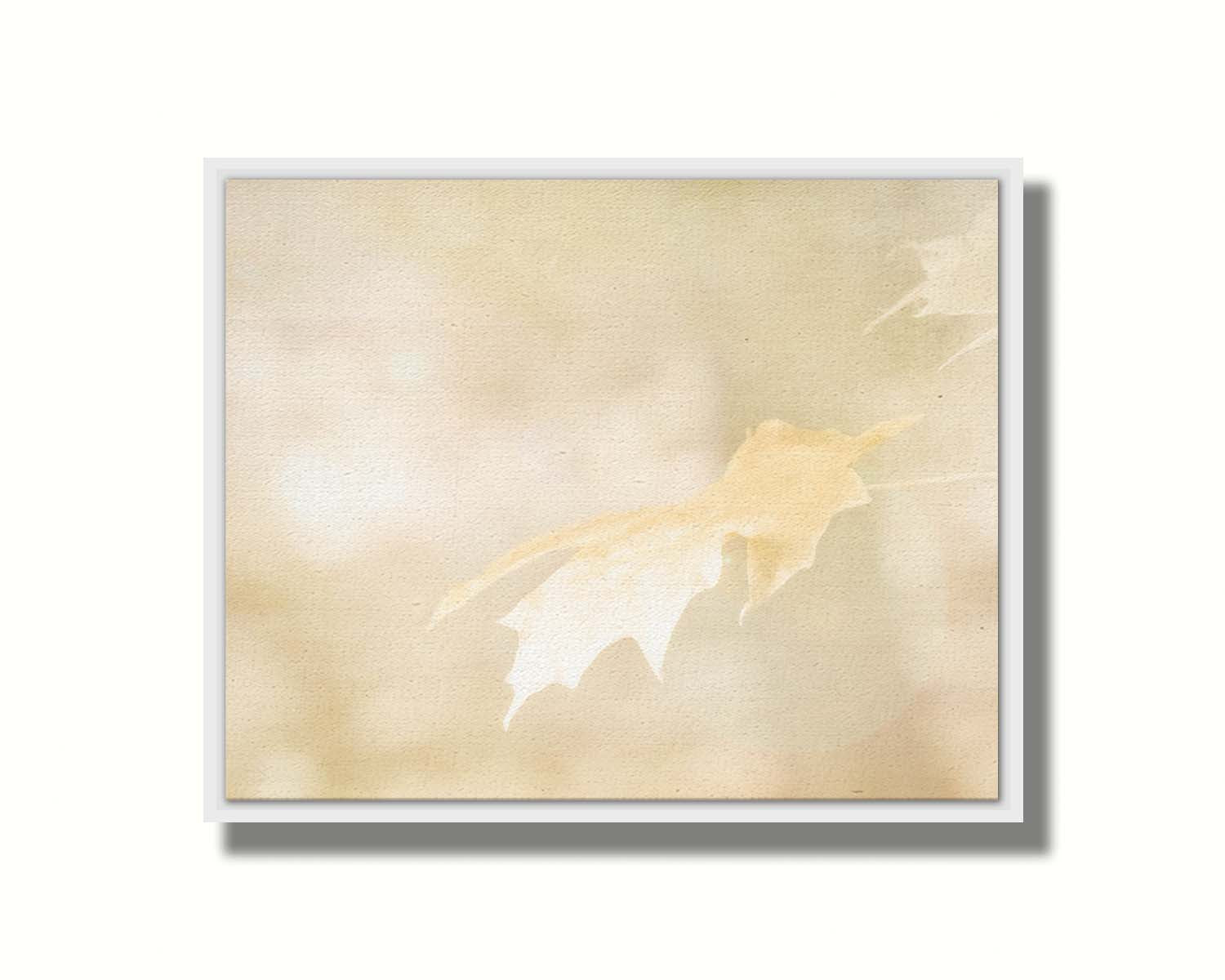 A photograph of a singular golden maple leaf in autumn, taken in a low depth of field for a soft bokeh background– all in a gentle sepia tone. Printed on canvas in a float frame.