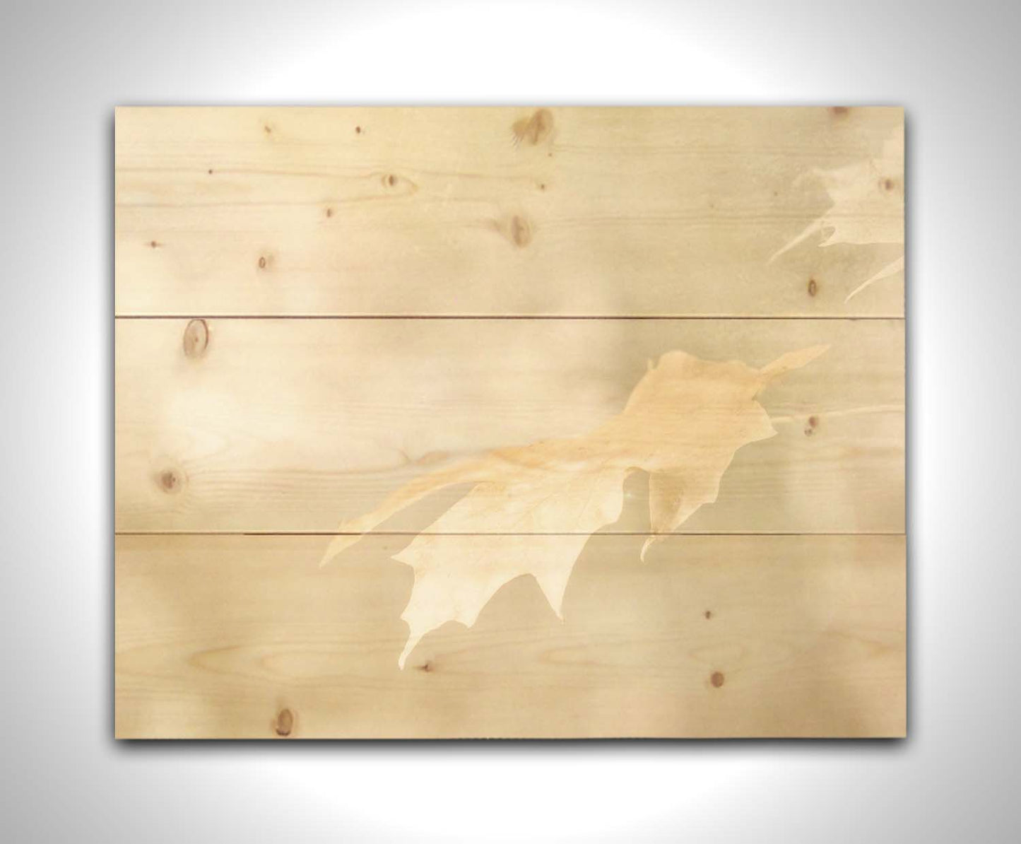 A photograph of a singular golden maple leaf in autumn, taken in a low depth of field for a soft bokeh background– all in a gentle sepia tone. Printed on a wood pallet.