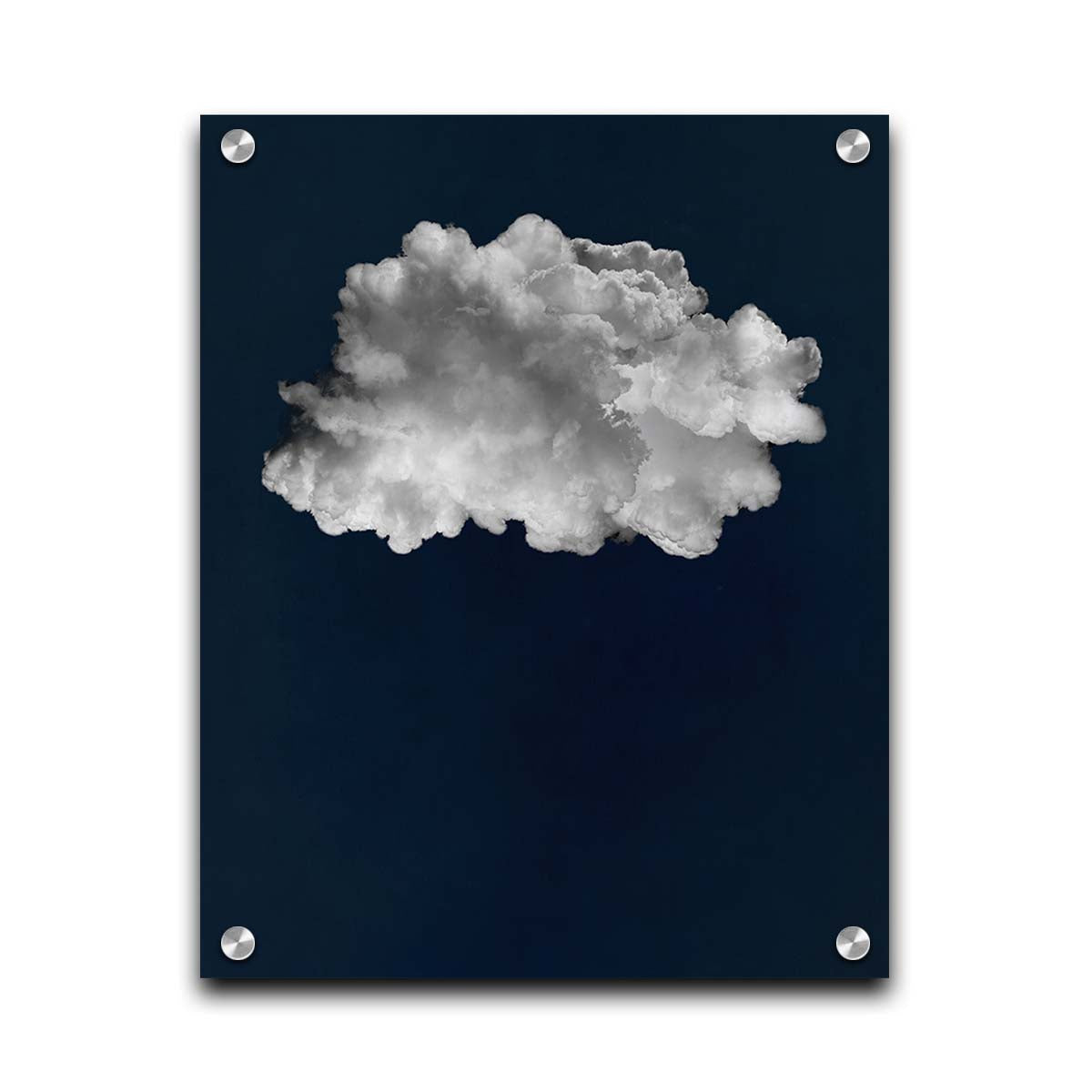 A photo edit of a large, fluffy white cloud against a deep blue background. Printed on acrylic.