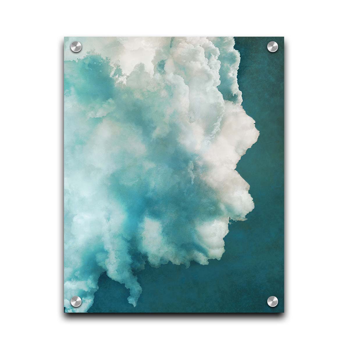 A photograph of a big white cloud with a teal background. Printed on acrylic.