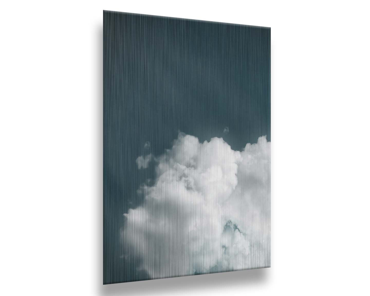 An edited photo of a soft white cloud against a steely blue background. Printed on metal.