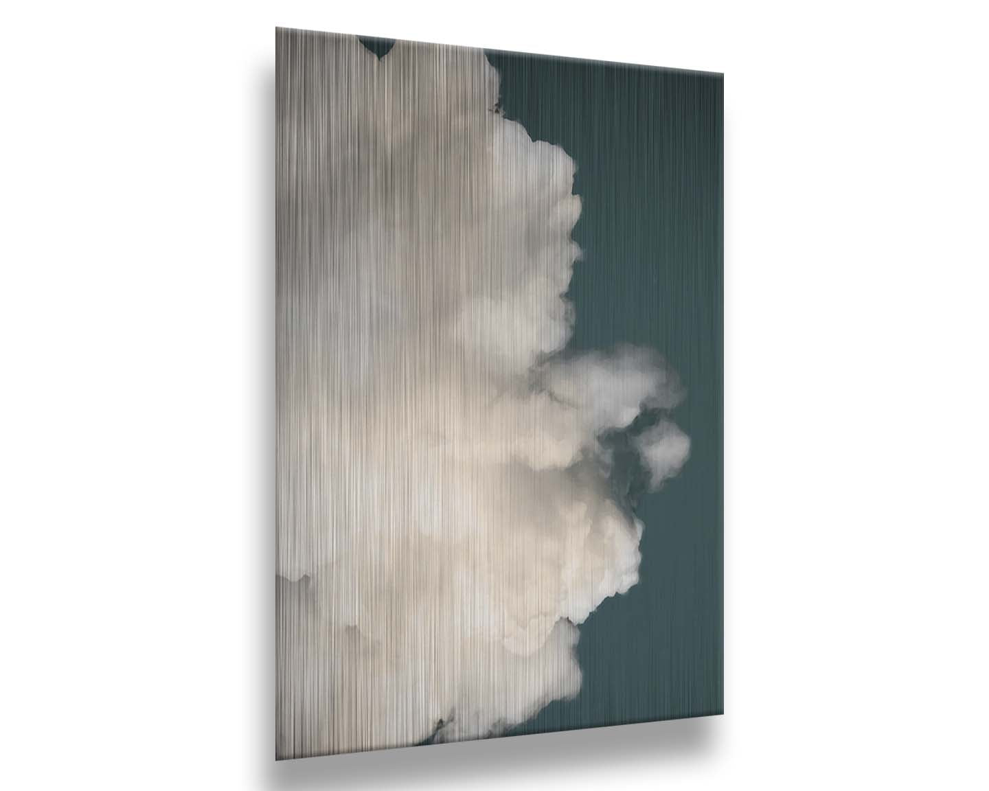 An edited photo of a soft white cloud against a blue background. Printed on metal.