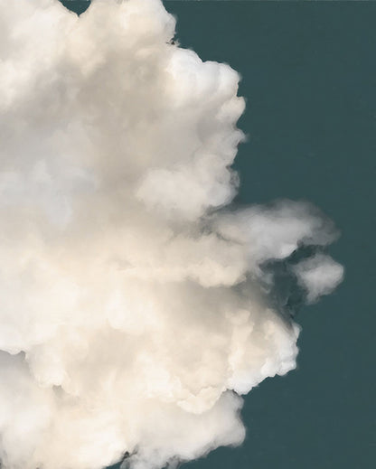 An edited photo of a soft white cloud against a blue background.
