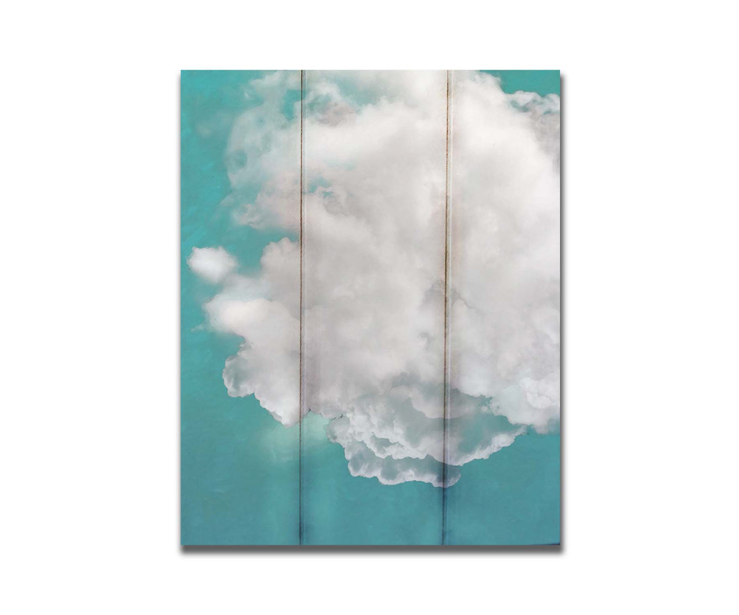 An edited photo of a soft white cloud against a turquoise blue background. Printed on a box board.