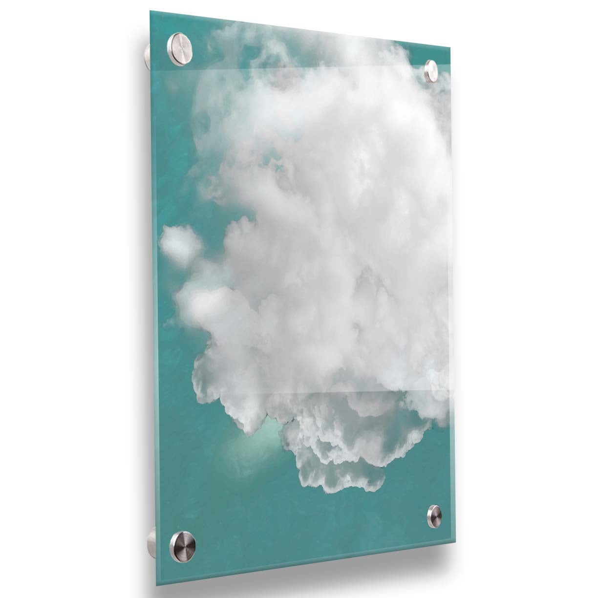 An edited photo of a soft white cloud against a turquoise blue background. Printed on acrylic.