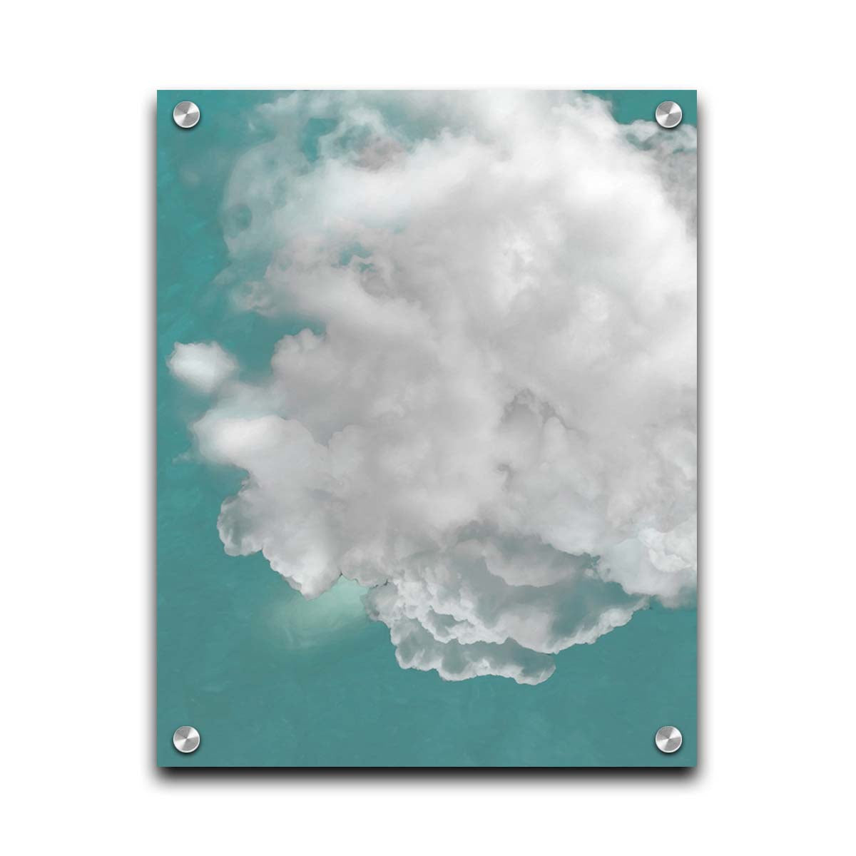 An edited photo of a soft white cloud against a turquoise blue background. Printed on acrylic.