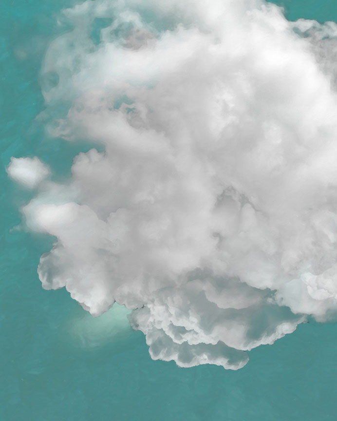An edited photo of a soft white cloud against a turquoise blue background.