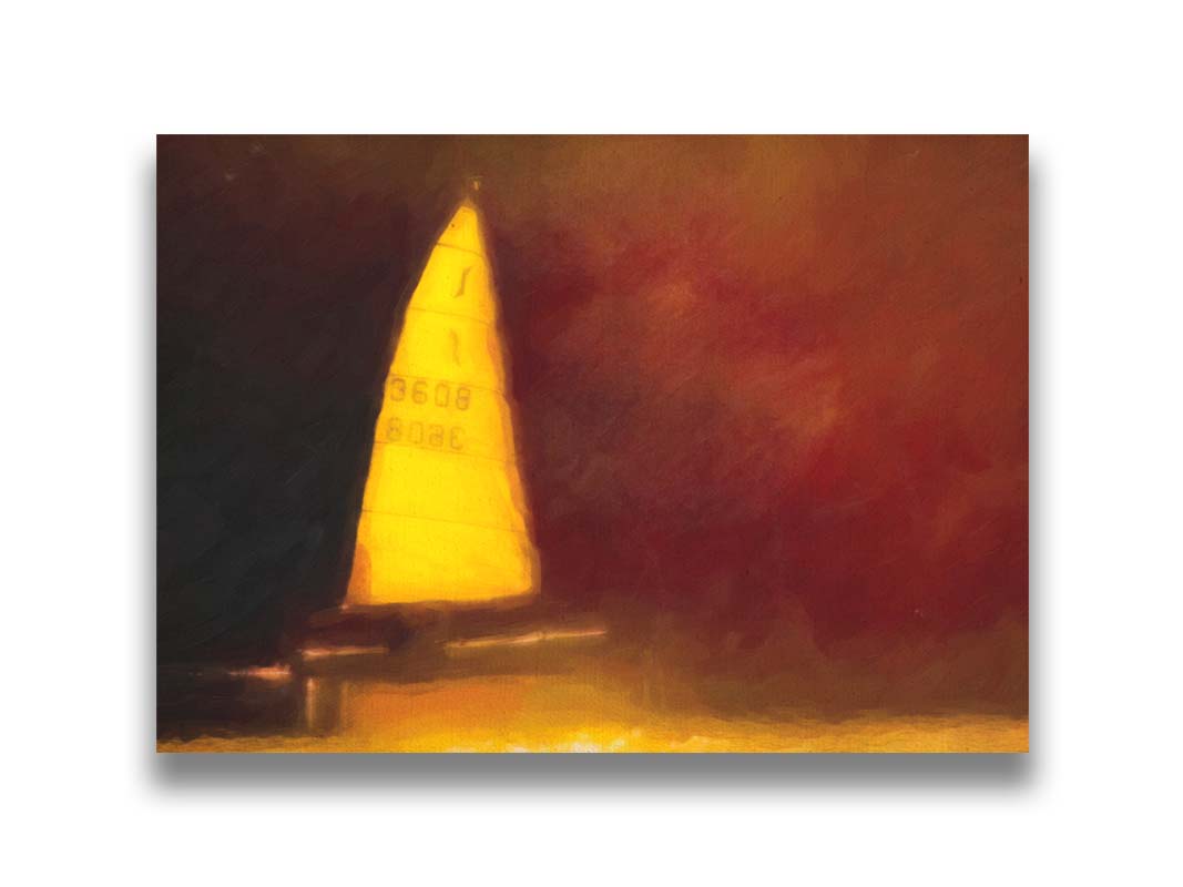 An edited photograph of a sailboat on the water, surrounded by a rusty red and bright yellow color palette, with an added painterly texture. Printed on canvas.