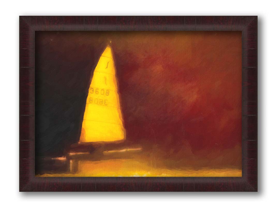 An edited photograph of a sailboat on the water, surrounded by a rusty red and bright yellow color palette, with an added painterly texture. Printed on canvas and framed.